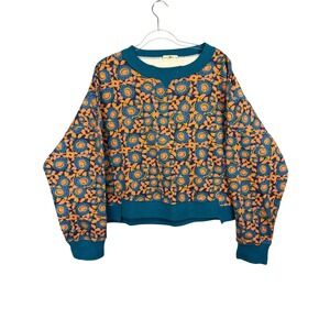 Natural Life Floral Cropped Sweatshirt Womens XL Blue Pink Mustard Pullover 645